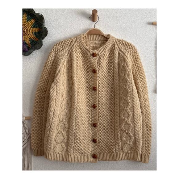 Handmade Sweaters - One-Of-A-Kind Handmade Beige Fisherman's Cable Knit Cardigan Sweater